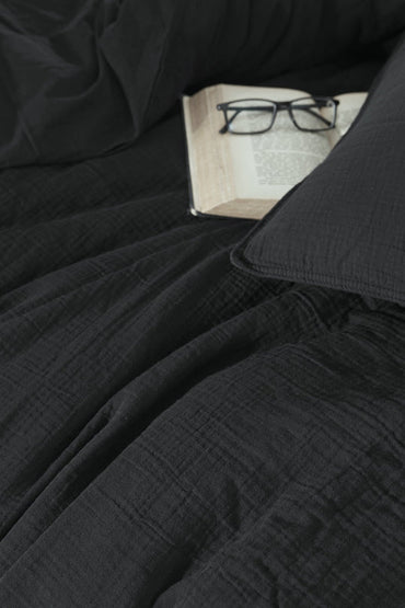 Dubrovnik Muslin Vintage Duvet Cover Set - Black DOUBLE SIZE