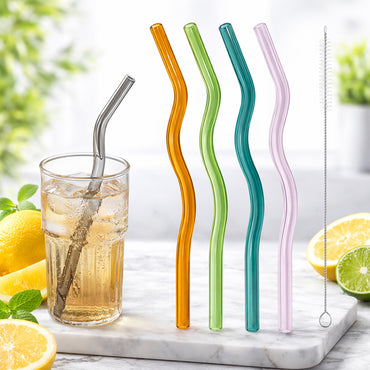4 Pcs Reusable Wavy Glass Straws – Colorful & Shatter-Resistant