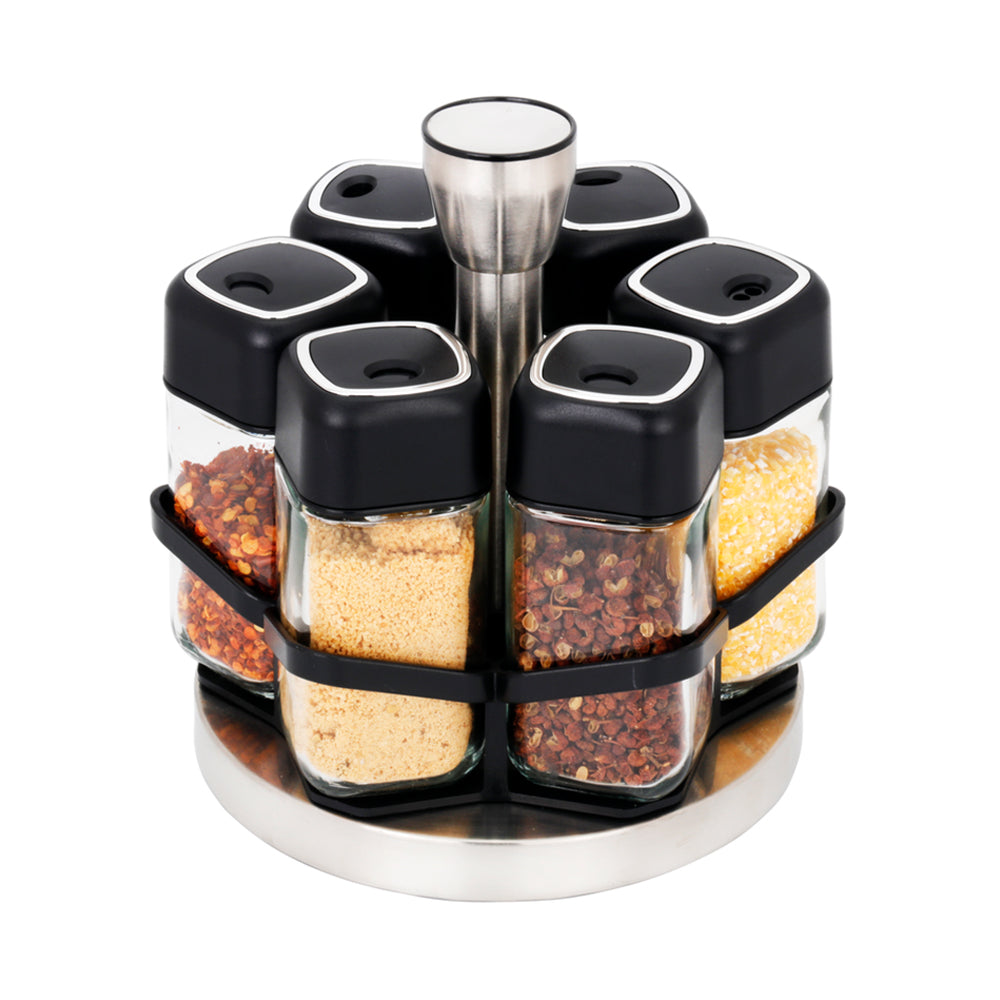 6-Pieces Rotating Glass Spices Jar Set High Quality Plastic Lid-Black 110ml
