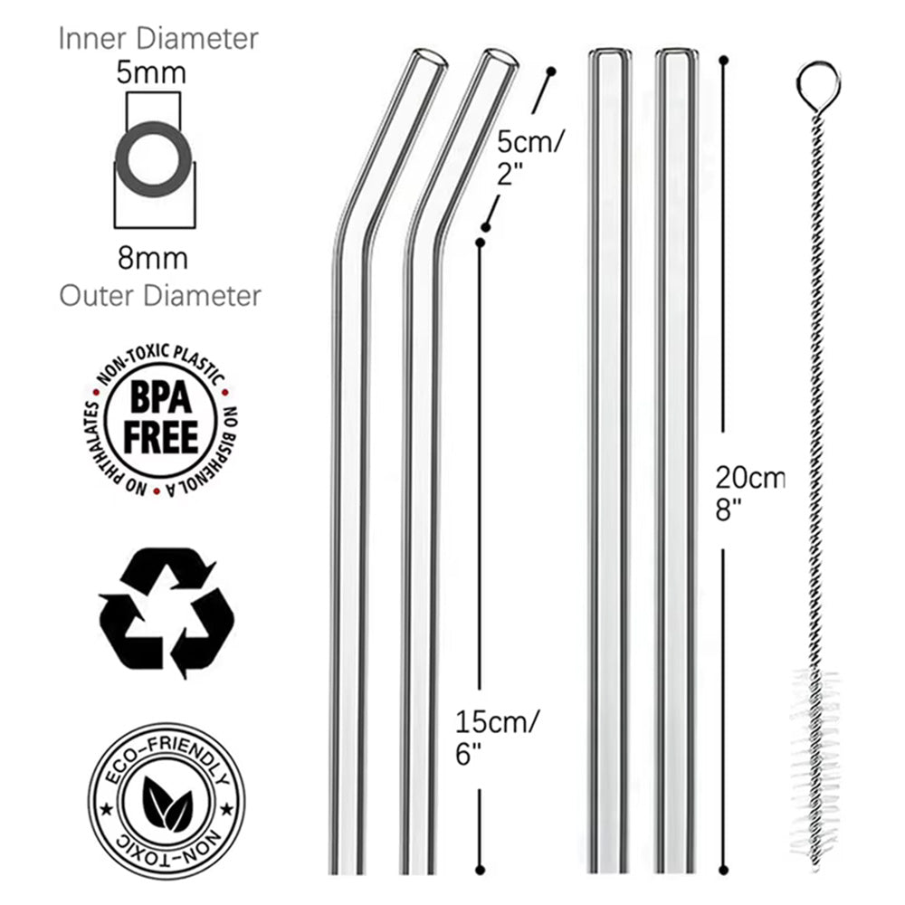 Reusable Transparent Glass Straws – Shatter Resistant (6 Pcs with Cleaning Brush)