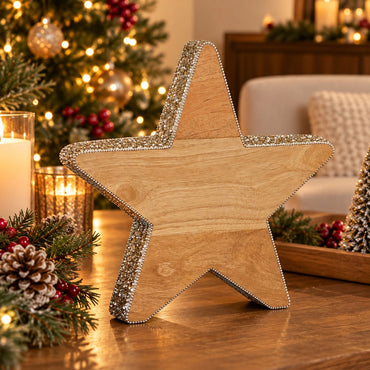 WINTER Mango Wood Christmas Star with Silver Detail – 30 cm