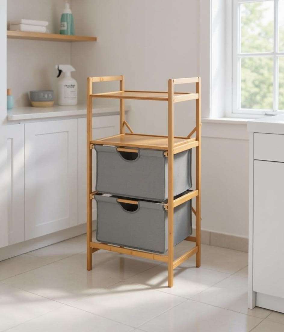 Laundry Shelf Bamboo with 2 Removable Drawers by Wenko