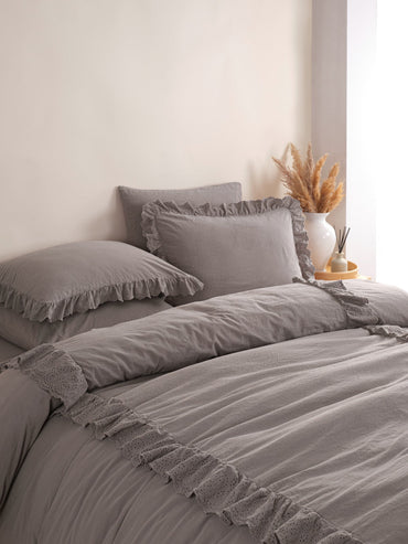 Romantica Double Embroidered Duvet Cover Set - Smoke
