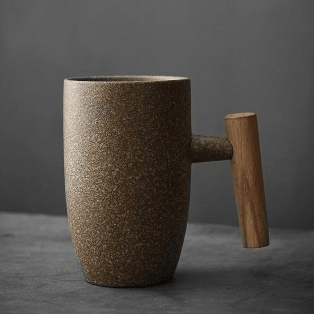 Vintage Handmade Couple Mug Ceramic Coffee Cup With Wooden Handle 350Ml