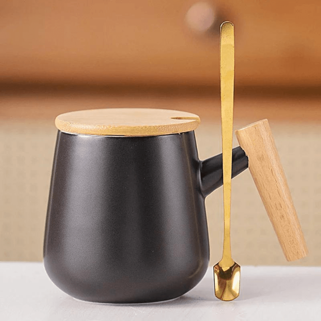 Wood Ceramic Mug with Simple Wooden Handle 390ml (Black Wooden Lid Spoon)