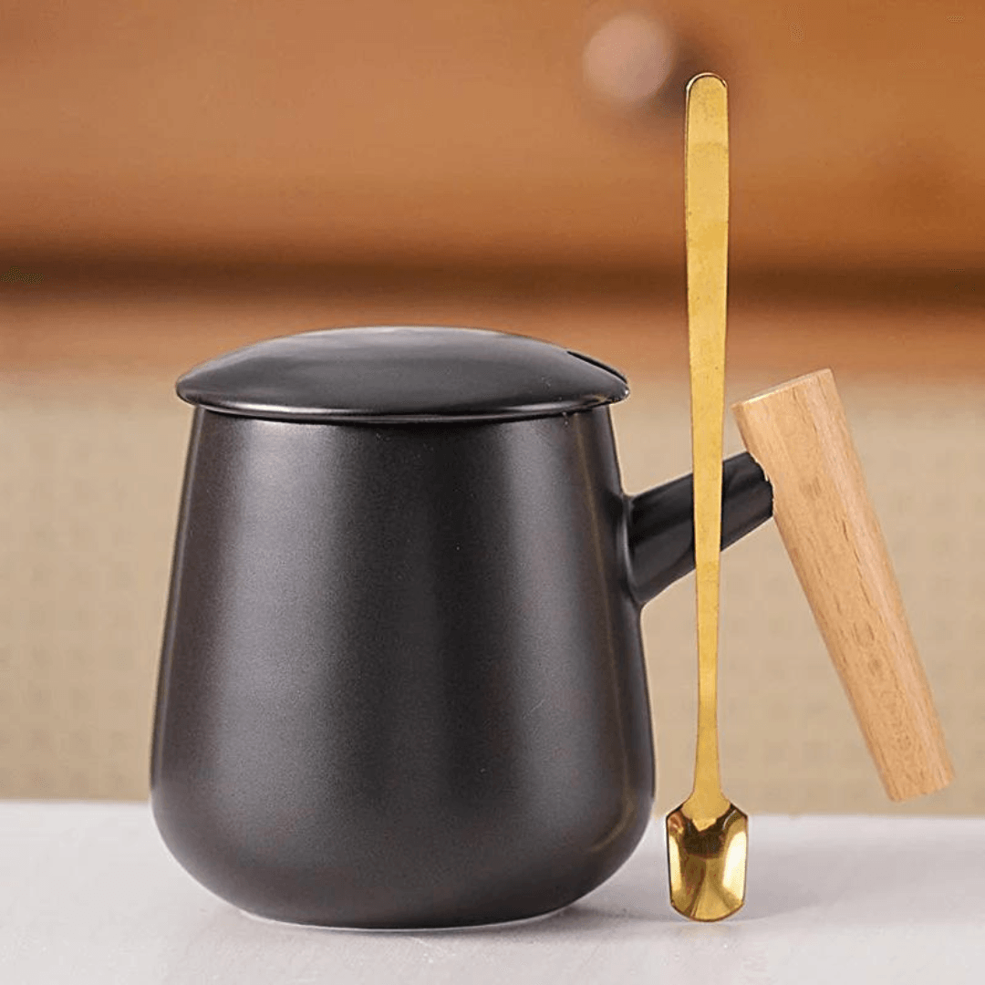 Wood Ceramic Mug with Simple Wooden Handle 390ml (Black Ceramic Cover Spoon)