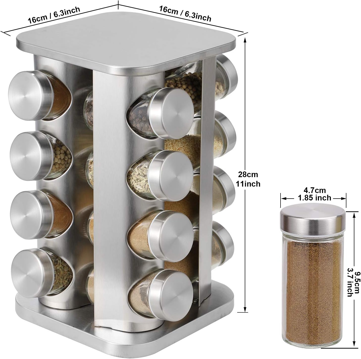 16-JARS 100ML Stainless Steel Rotating Seasoning Spice Jar Set