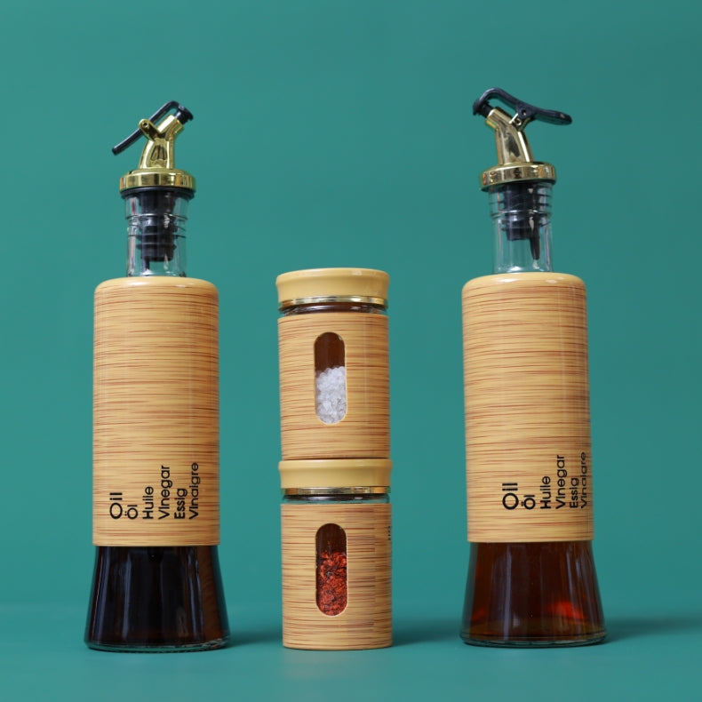 Bamboo 4-Pcs Spice Rack Set Glass Oil Bottle & Glass Pepper and Salt jars Plastic Lid  #CB-TWJ41