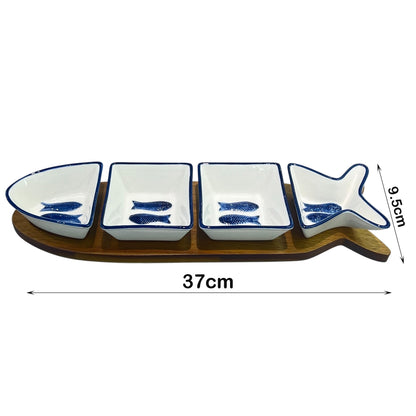 Danny Home Ceramic Snack Seasoning Bowl Holder on Acacia Board – 37cm