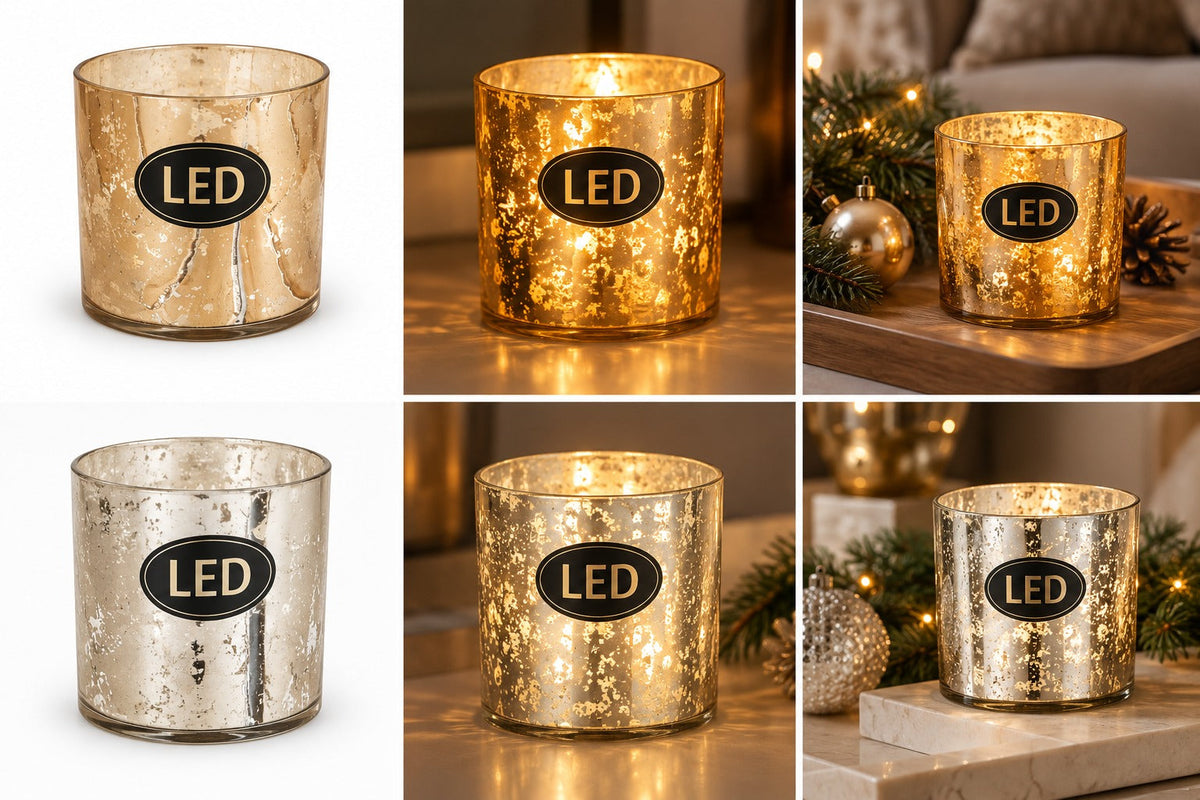 Flameless LED Glass Lantern with Real Wax Candle – Gold & Silver