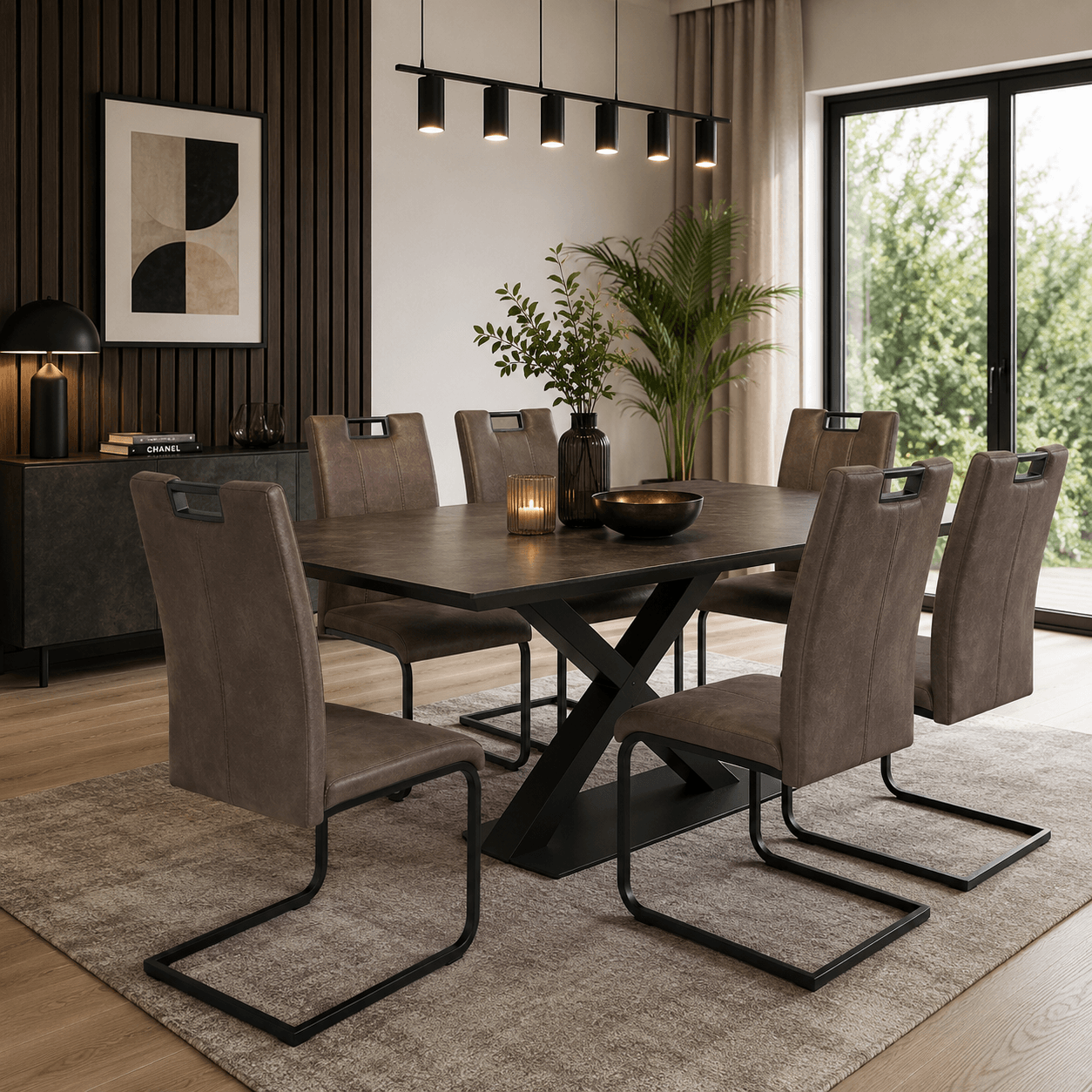 Modern Taupe Cantilever Dining Chair with Handle | Upholstered Dining Chair with Black Metal Frame