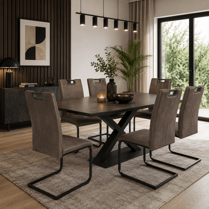 Modern Taupe Cantilever Dining Chair with Handle | Upholstered Dining Chair with Black Metal Frame