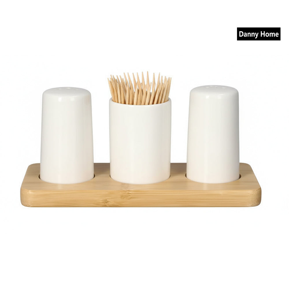 Danny Home Salt , Pepper Shaker & Toothpicks Holder with Wood Stand