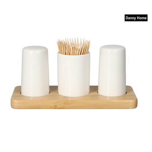 Danny Home Salt , Pepper Shaker & Toothpicks Holder with Wood Stand