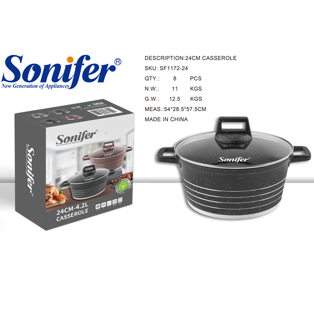 Sonifer 20/22/24/26/28/30/32/36cm Wear-Resistant Non-Stick Granite Casserole with Glass Lid SF-1172-Black