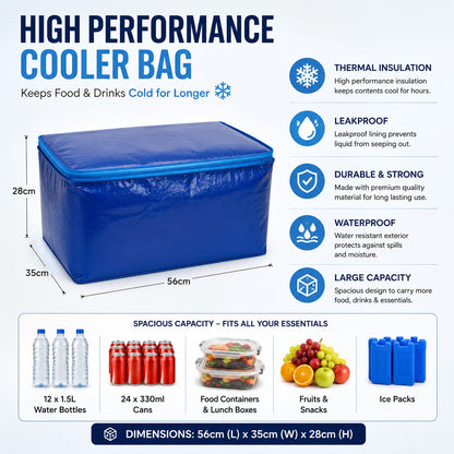 Large Insulated Cooler Bag 56x35x28cm | Leakproof Thermal Food & Beverage Storage Bag