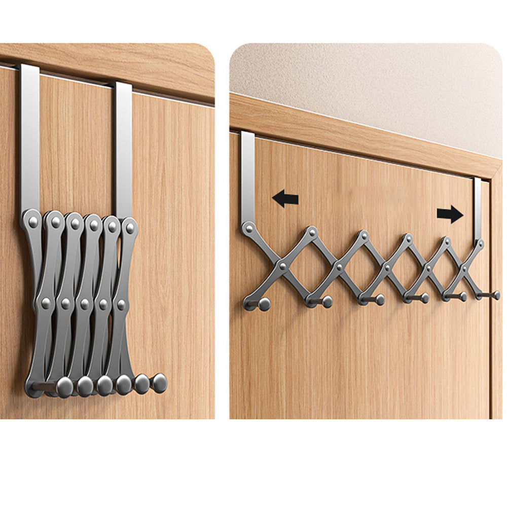 Over The Door Stainless Steel Telescopic Folding 5-Hooks Organizer Rack