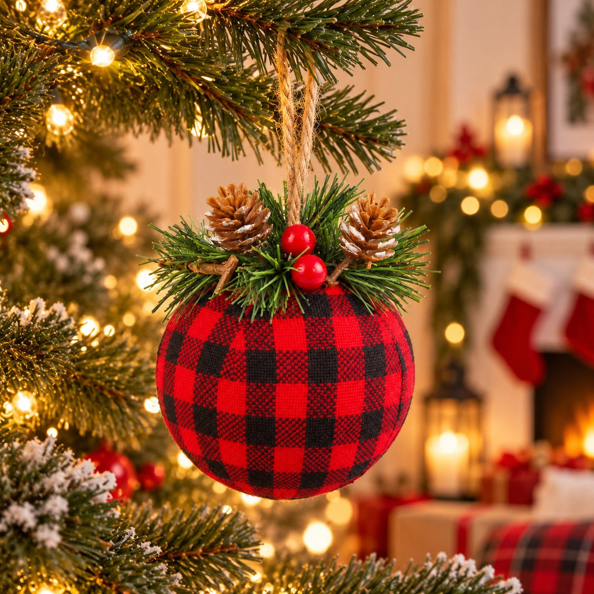 Red & Black Buffalo Plaid Christmas Bauble with Pinecones & Greenery