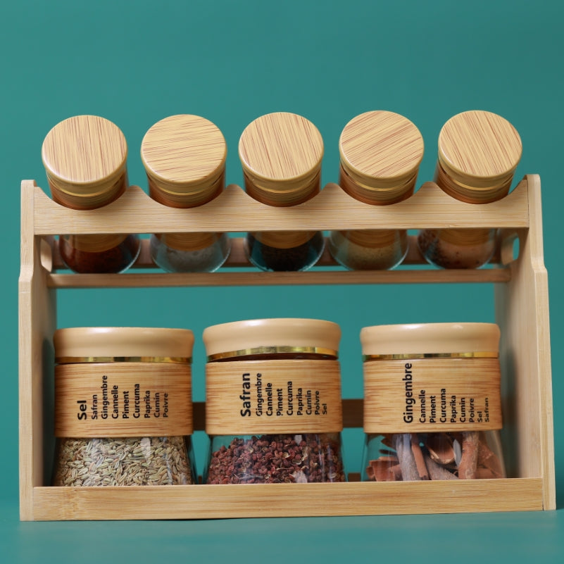 Bamboo Spice Rack Set with 8 Glass Jars Plastic Lid – 400/100ml #CB-TWJ34