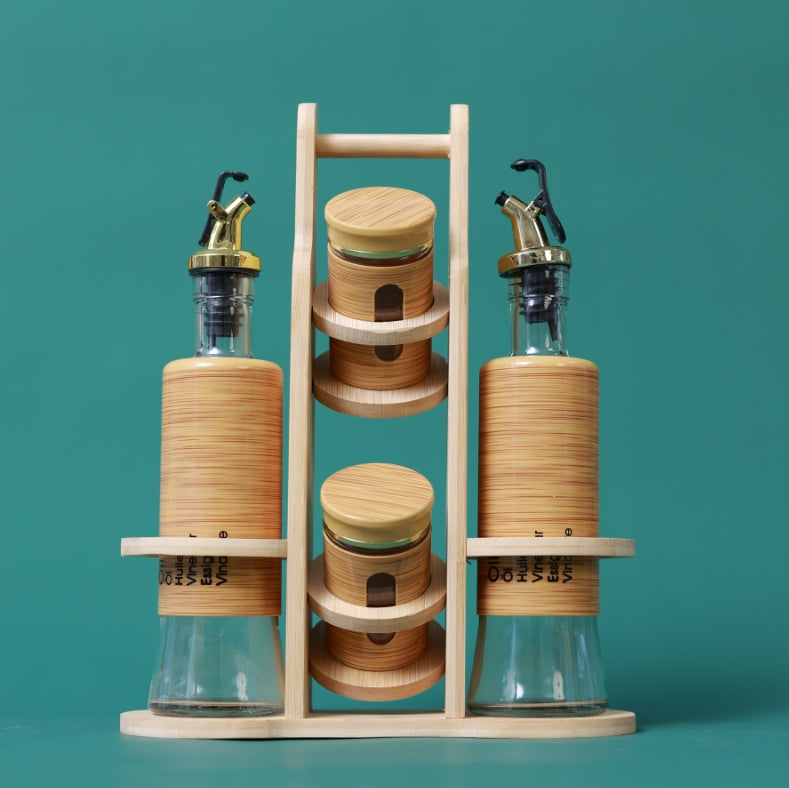 Bamboo 4-Pcs Spice Rack Set Glass Oil Bottle & Glass Pepper and Salt jars Plastic Lid  #CB-TWJ41