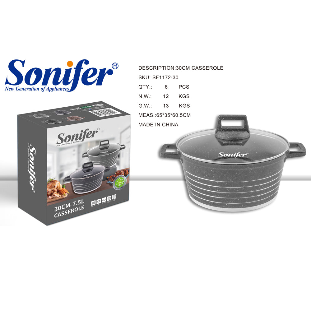 Sonifer 20/22/24/26/28/30/32/36cm Wear-Resistant Non-Stick Granite Casserole with Glass Lid SF-1172-Grey