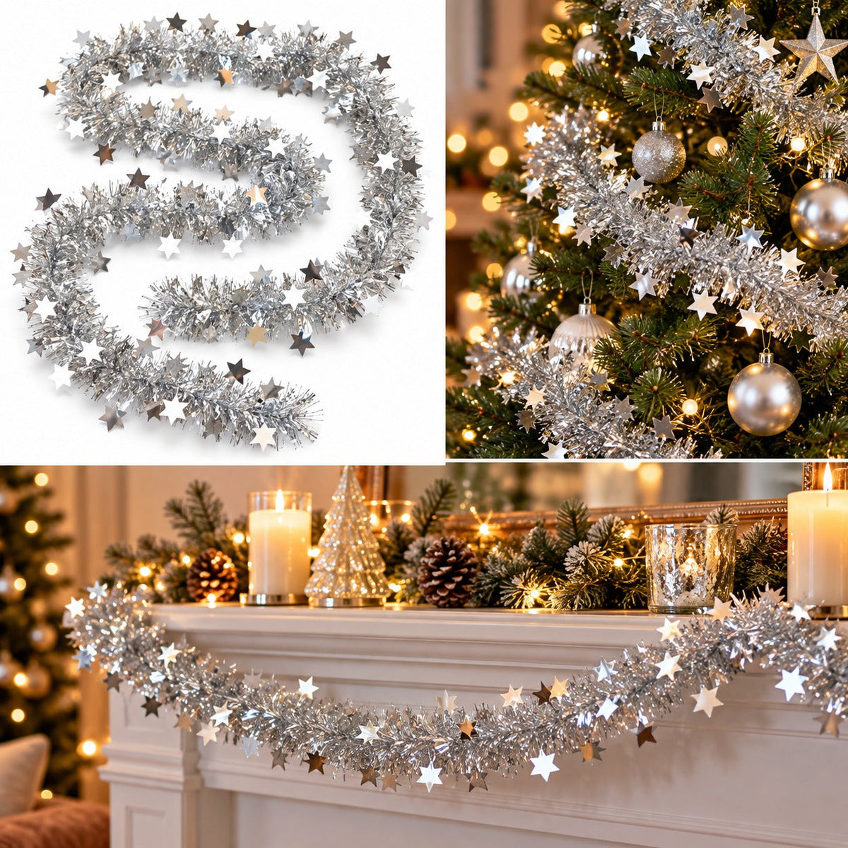 Noël Silver Star Tinsel Garland – 300 cm