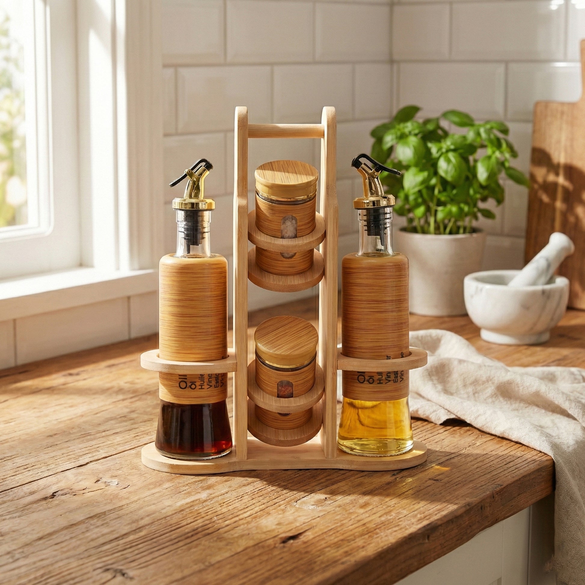 Bamboo 4-Pcs Spice Rack Set Glass Oil Bottle & Glass Pepper and Salt jars Plastic Lid  #CB-TWJ41