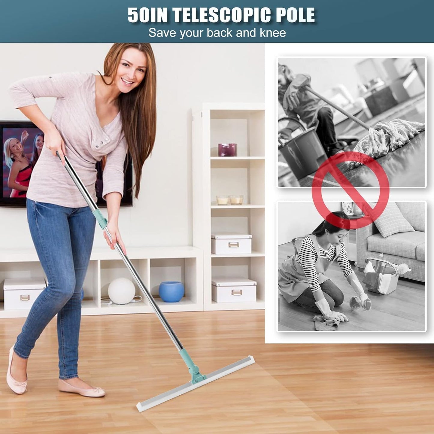 Silicone 3-in-1 Adjustable Indoor Broom Sweeper 180 Degree Rotatable Floor Wiper 52-cm