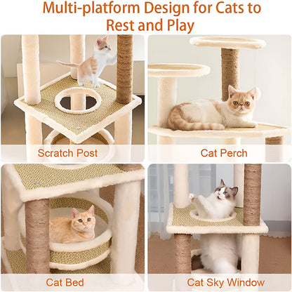 Multi-Level Cat Tree Tower with Scratching Posts – Beige