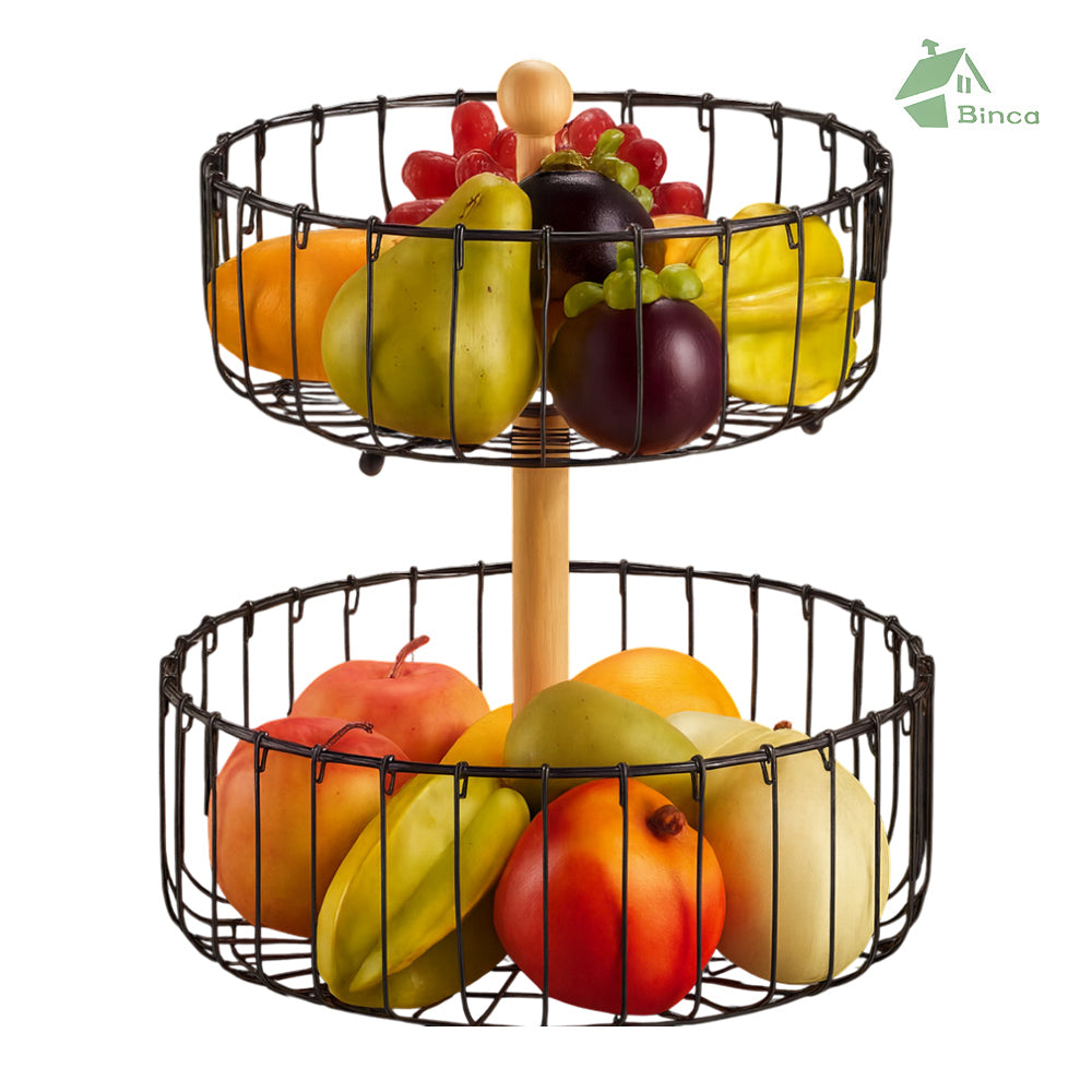 Binca 2-Tier Fruit & Vegetable Table Basket with Wooden Handle