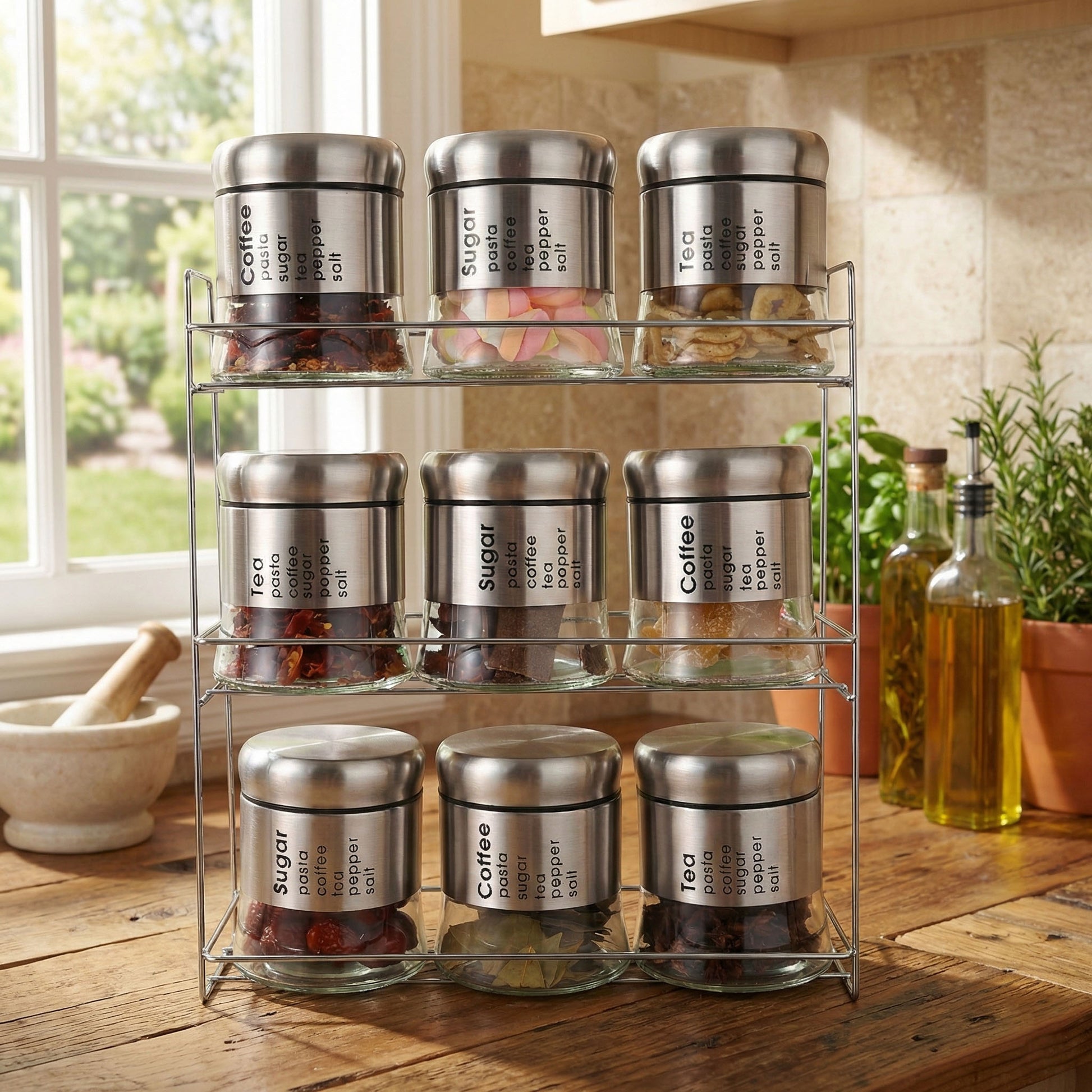 9-Pcs Stainless Steel Glass Seasoning Rack Set – 400ml #CB-TWJ15
