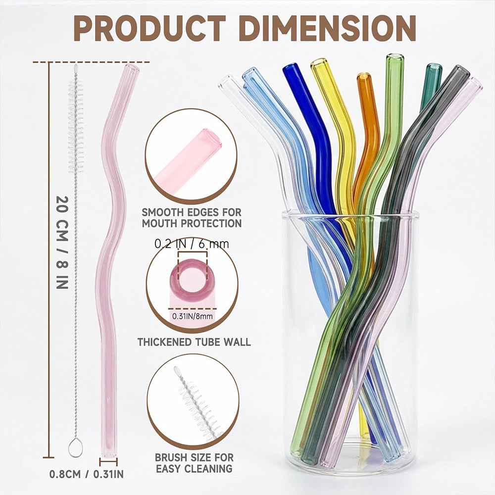 4 Pcs Reusable Wavy Glass Straws – Colorful & Shatter-Resistant