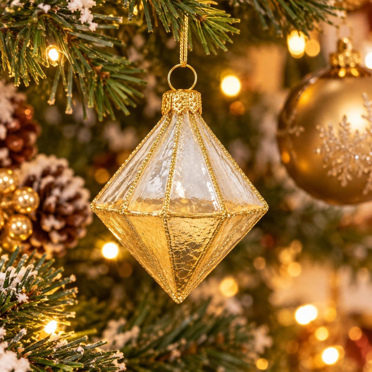 Geometric Glass Diamond Christmas Hanging Ornament – Gold & Silver