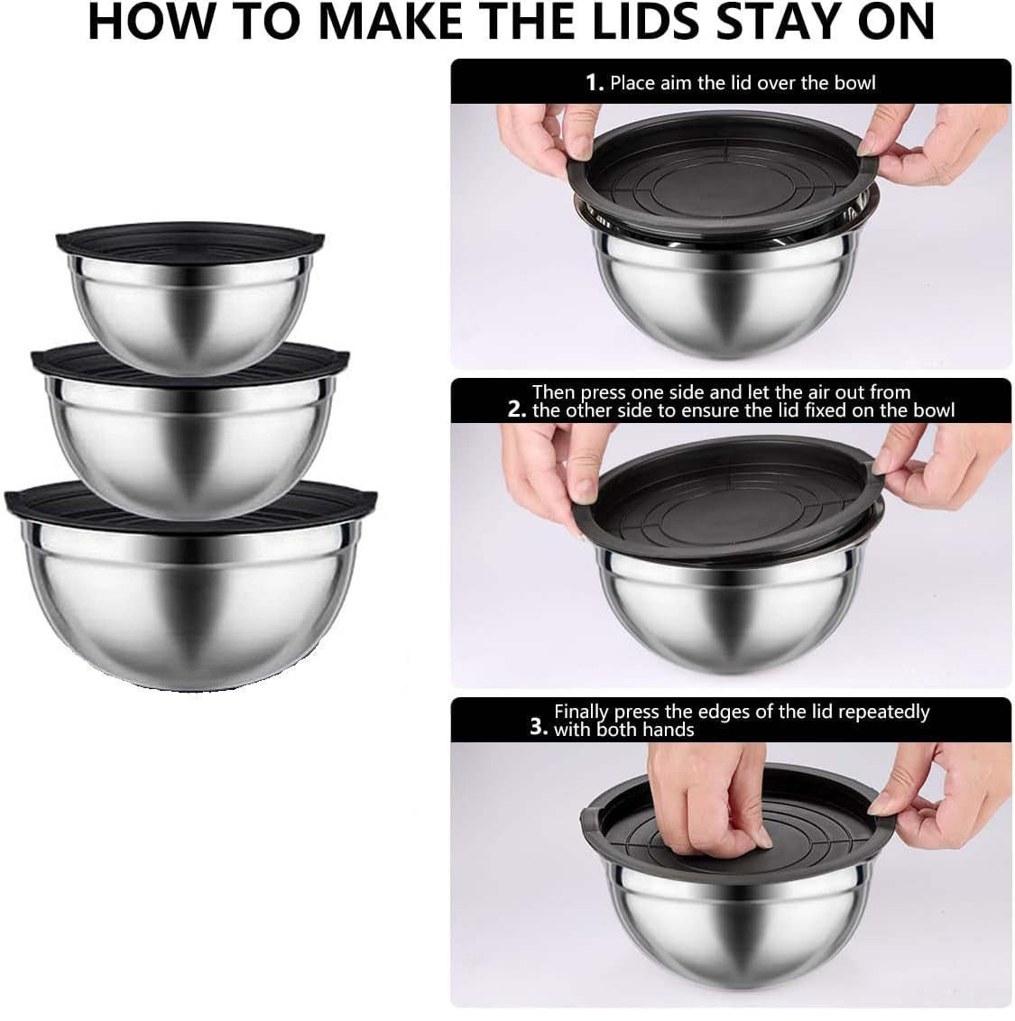 3-Pieces Stainless Steel Salad Bowl with Lid 18/22/26 cm Set