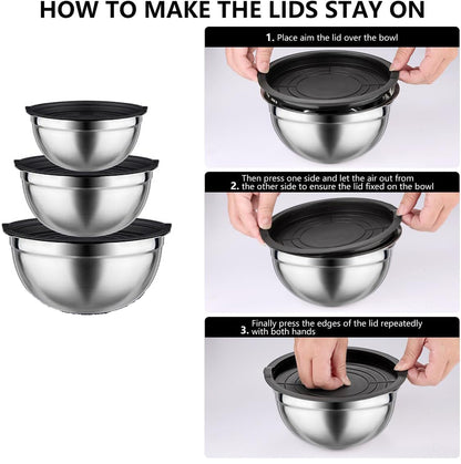 3-Pieces Stainless Steel Salad Bowl with Lid 18/22/26 cm Set