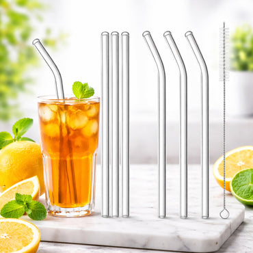 Reusable Transparent Glass Straws – Shatter Resistant (6 Pcs with Cleaning Brush)