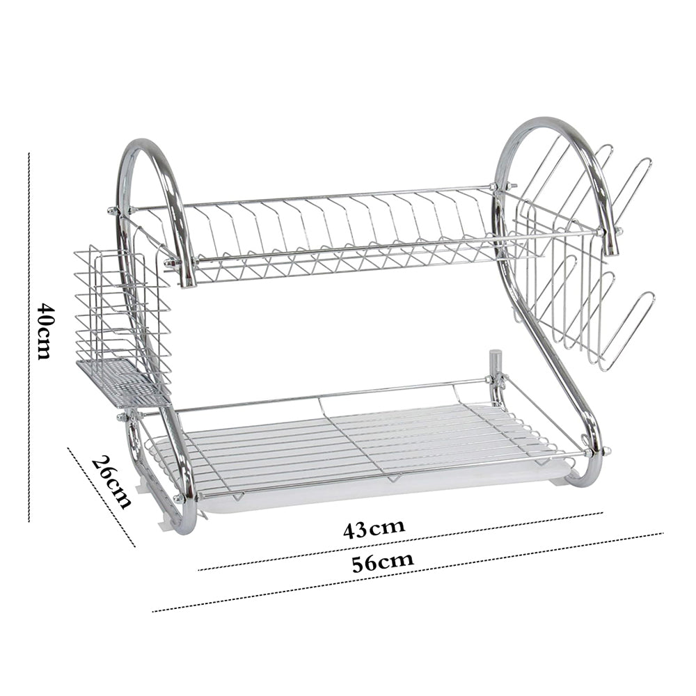 Binca Stainless Steel 2-Tier Metal Dish Drying Rack With Cutlery Holder & Drip Tray (L56 × W6 × H40)cm