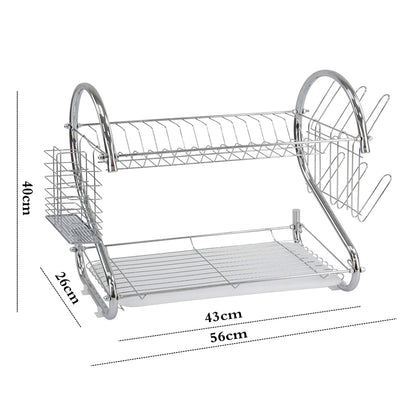 Binca Stainless Steel 2-Tier Metal Dish Drying Rack With Cutlery Holder & Drip Tray (L56 × W6 × H40)cm