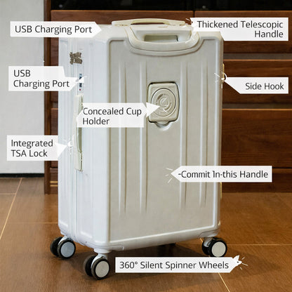 Carry-On Suitcase with USB Charging & Cup Holder (Pink)