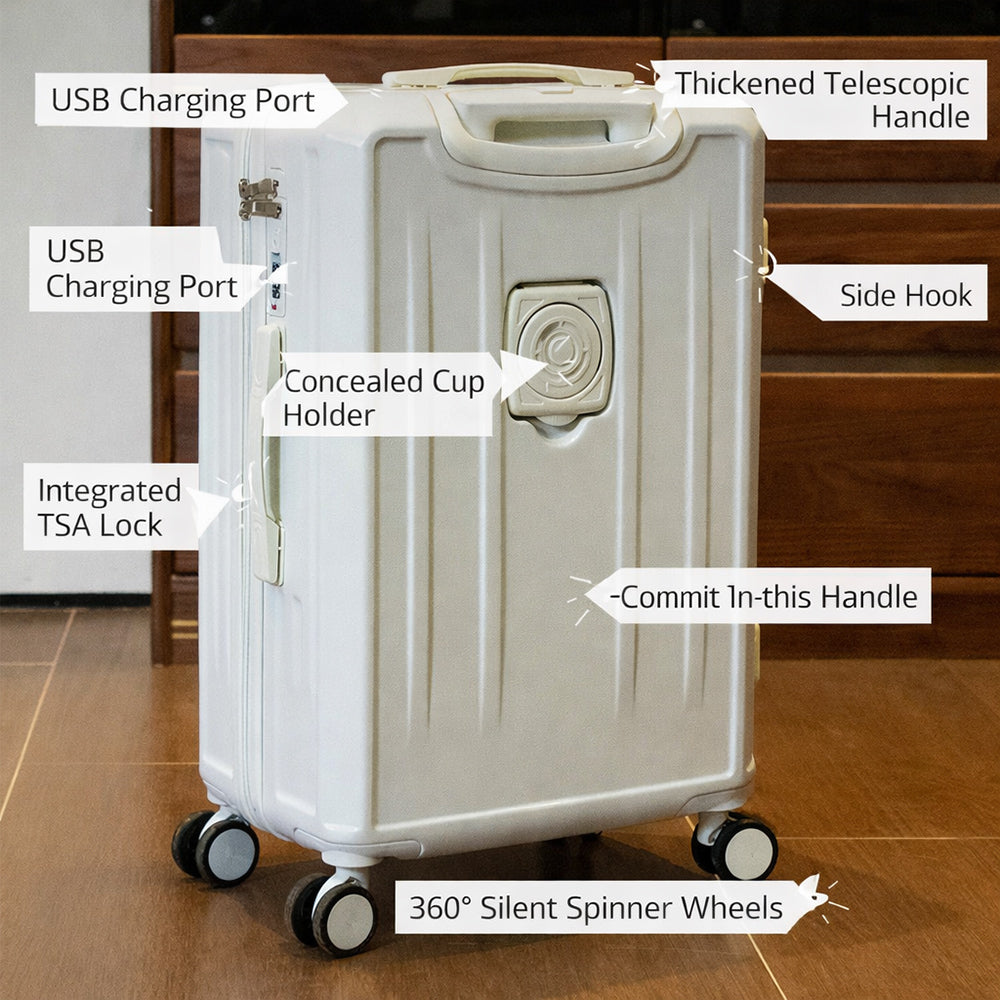 Carry-On Suitcase with USB Charging & Cup Holder (Black)