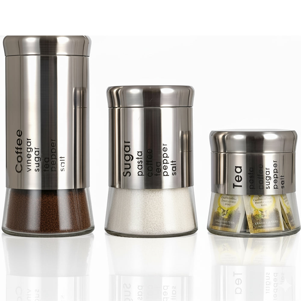 3-Pcs Stainless Steel With Glass Sugar Tea Coffee Canister Set Silver-390/590/840ml