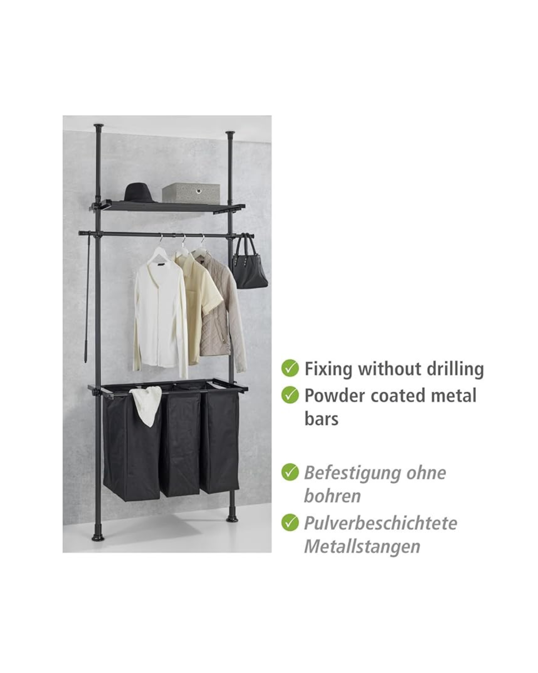 Wenko Hercules Telescopic Laundry Sorter System – Adjustable 3-Compartment Wardrobe Organizer
