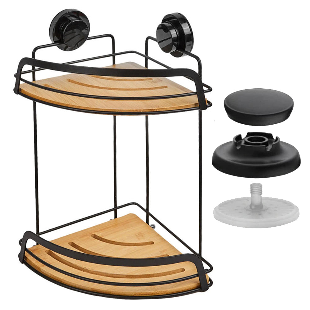 Corner Bath & Kitchen Shelf Suction Cups Metal With Bamboo 37x18cm