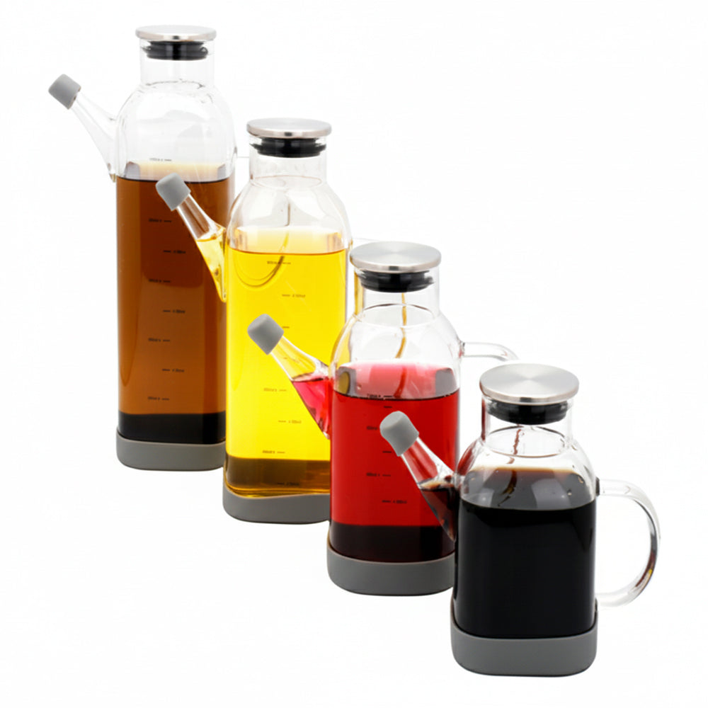 High Borosilicate Glass Oil Bottle Stainless Steel Cap with non-slip silicone base