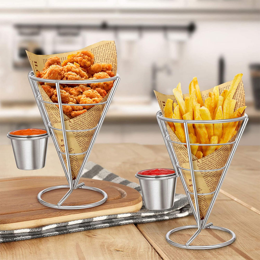 Stainless Steel French Fries Stand Cone Basket with Dip Dishes