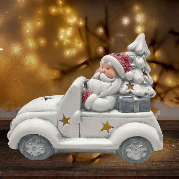 Christmas Santa Claus on White Car Ornaments Decorations with LED Lights