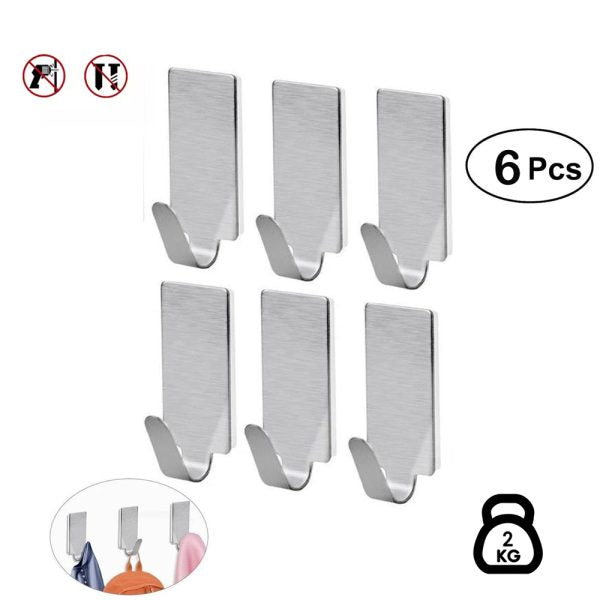 6-Pieces No Drill Stainless Steel Self Adhesive Hooks