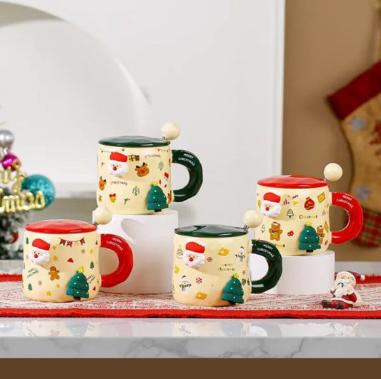 Christmas Ceramic Cup with Lid & Magnetic Santa Claus