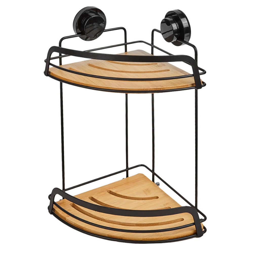 Corner Bath & Kitchen Shelf Suction Cups Metal With Bamboo 37x18cm