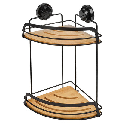 Corner Bath & Kitchen Shelf Suction Cups Metal With Bamboo 37x18cm